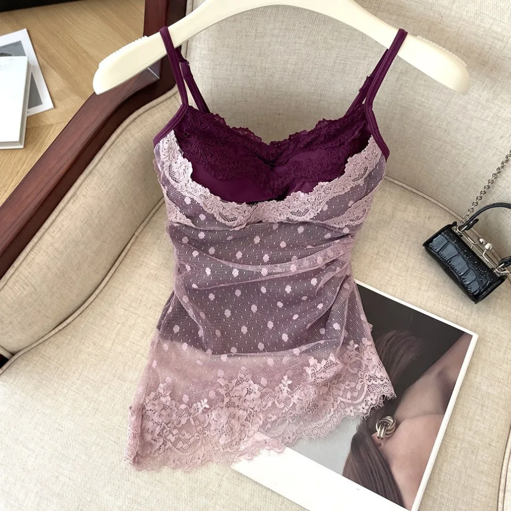 

Lace Dots Fake Two Pieces Camisole Tank Top Wrapped Chest Bra Sweet Girl's Tank Top All-match Streetwear Lace Slim Crop Top