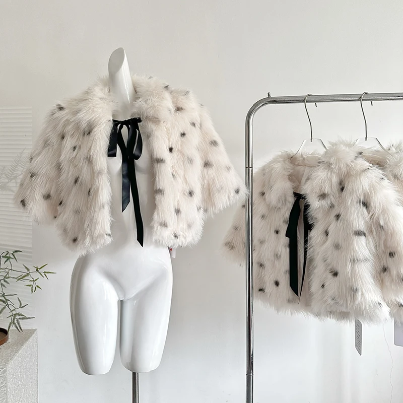 Polka Dot Faux Fur Overcoat Fashion Winter Warm Short Jacket Coat Lace-up Coat Luxury Vintage Women Outfits Female Outwear