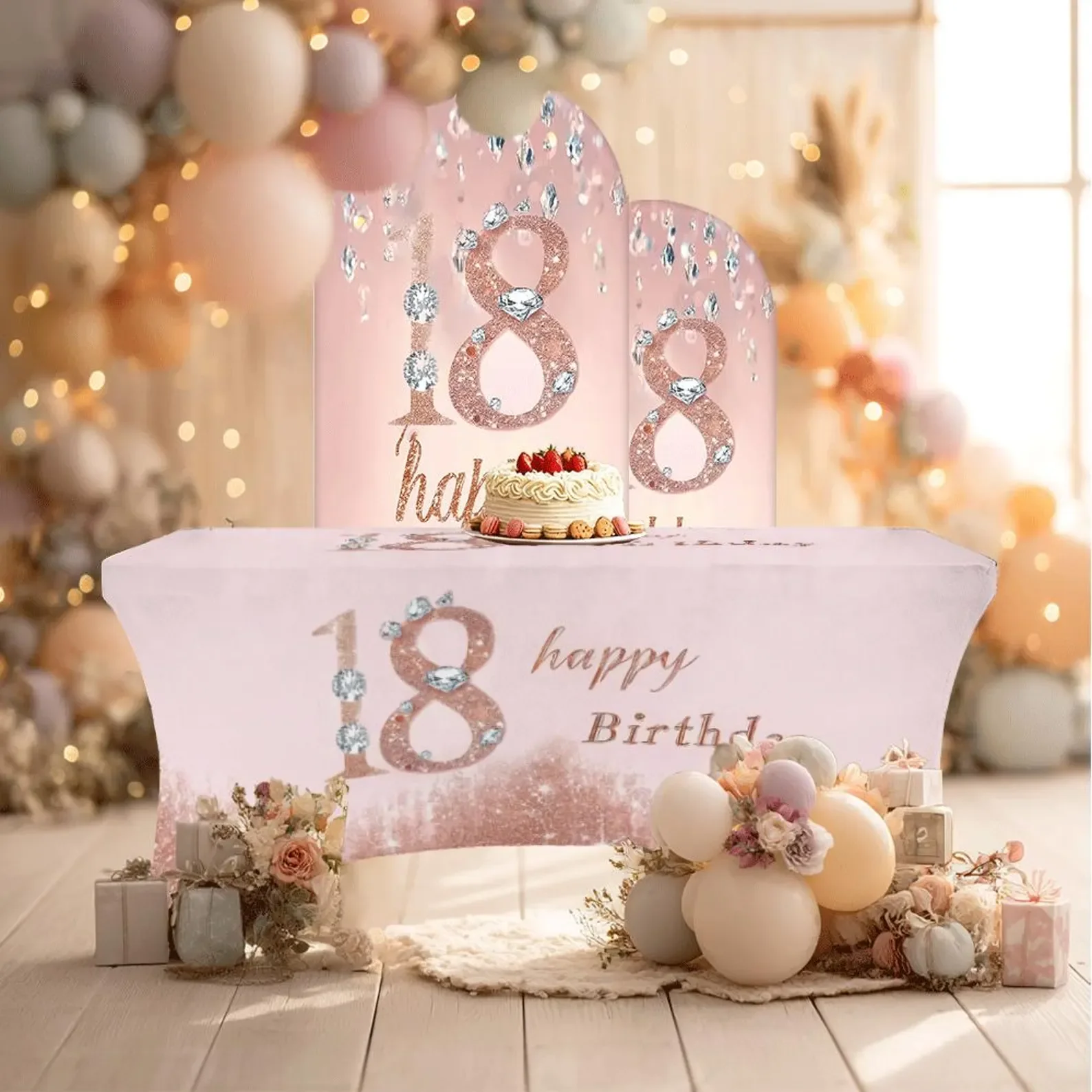 18th Birthday Backdrop and Tablecloth Rose Gold Party Decorations Custom Age Birthday Banner Pink Party Photo Booth Decorations