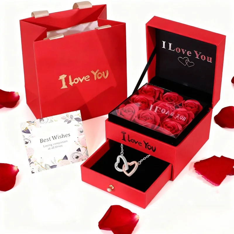 9 Rose Gift Box Double Heart Necklace Set, Two-color Design, Gentle and Shiny, for Mother and Girlfriend on Valentine's Day