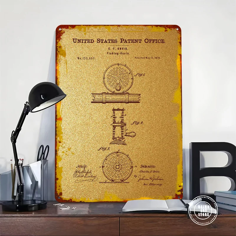 12 Fishing Reels Patent 1 Printing Poster Customized Retro Wall Art Vintage Metal Signs for Fans Decoration Garage Coffee Bar