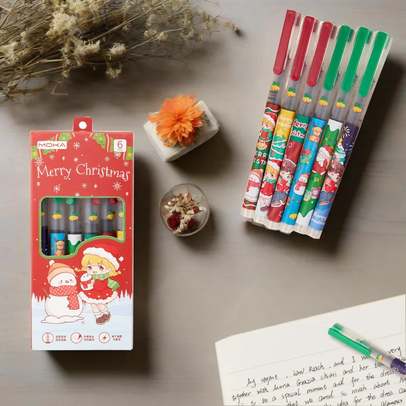 

6pcs Christmas Theme gel Pen Set Quick-drying Straight Liquid For Student Notes Signature Business Office Children's Gift