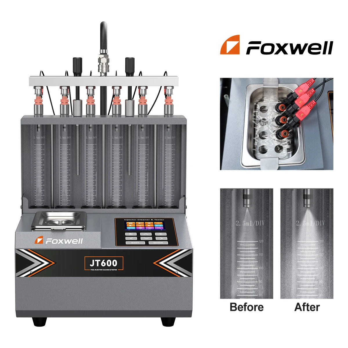 

2026 FOXWELL JT600 Тестер для очистки топливных форсунок для PFI GDI Пьезоинжектор 6-цилиндровая машина для очистки форсунок