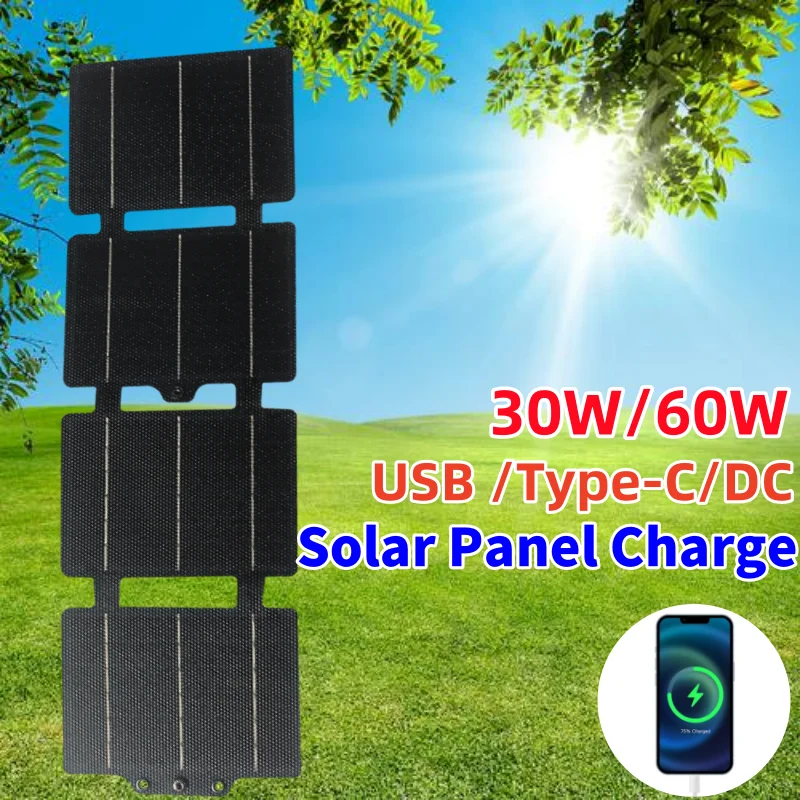 

30W/60W Solar Flexible Foldable Charger USB/Type-C/DC Folding Solar Charger Output Port for Phone Outdoor Camping Hiking