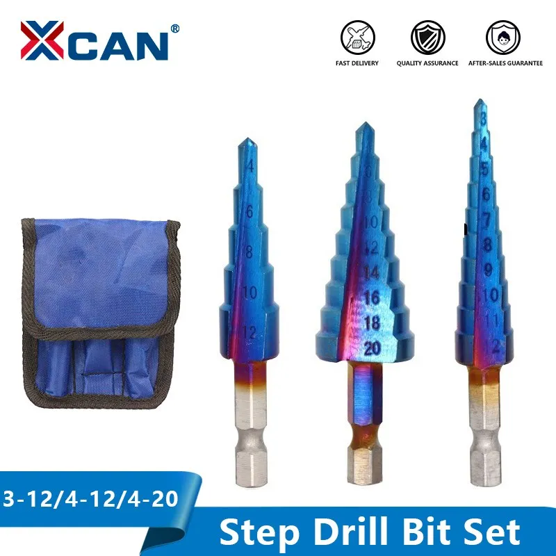 

XCAN Step Drill Bit 3-12/4-12/4-20mm HSS Cone Drill Bit 3pcs Nano Blue Coated Metal Stepped Drill Straight Core Drilling Tool