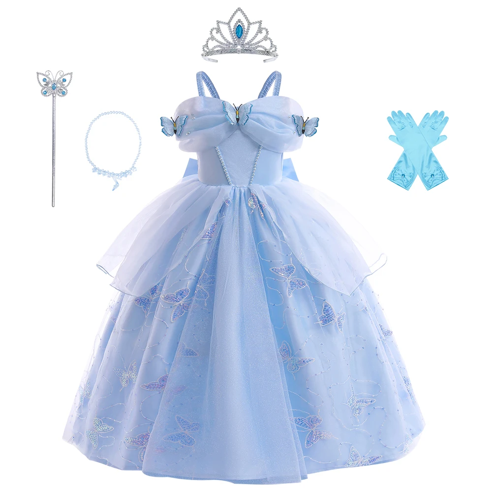 Girls Party Dresses Cinderella Girls Blue Cosplay Costume Sequins Butterfly  Princess Dress With Accessories Kids Carnival Dress - AliExpress 1501