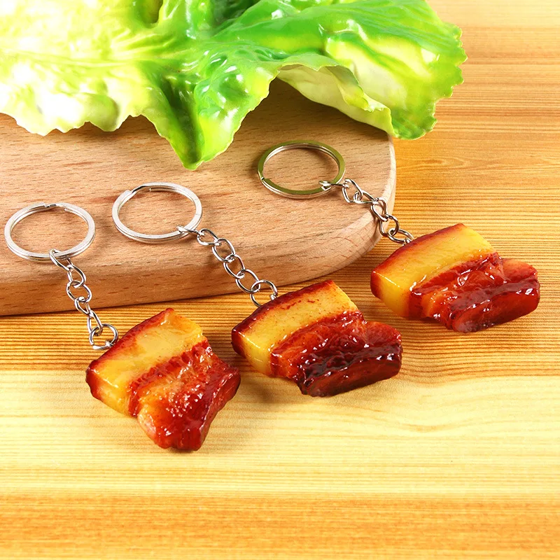 Fake Braised Pork Belly Keychain Simulation Food Red Braised Meat PVC Pendant Creative Chinese Food Model Keychain Decoration