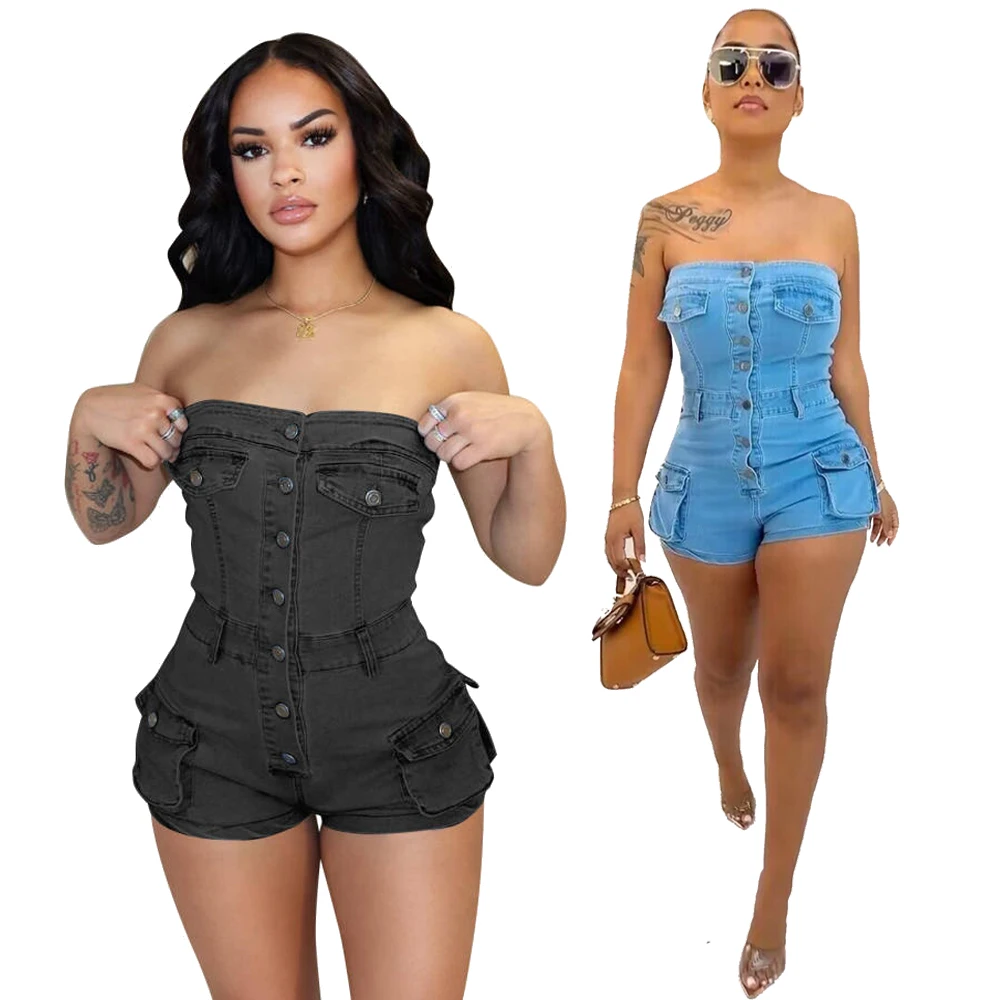 

Denim Strapless Rompers Women Jumpsuit Solid Sexy Off Shoulder Backless 2024 Streetwear Cargo Jean Overalls Short Jumpsuits