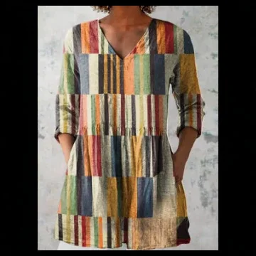 Obrázek 3: Dámská smíšené proužek patchwork šaty v-neck 3/4 rukáv volné tunika posunu šaty černá a bílá geometrické ležérní nejvyšší