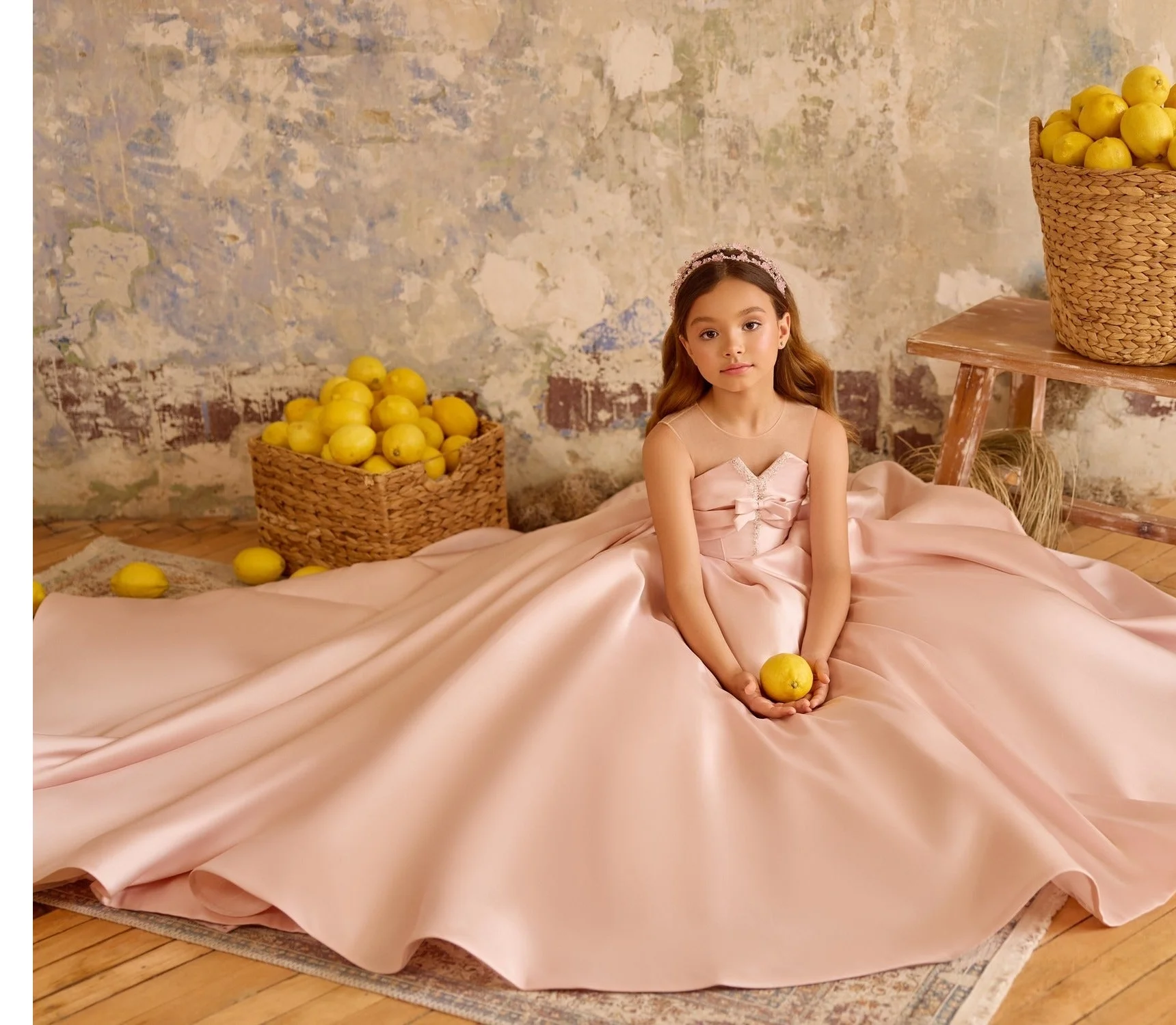 

Satin Wedding Party Dresses for Kids Bow Simple Flower Girl Dresses Birthday Long Dress Floor Length First Communion Dress