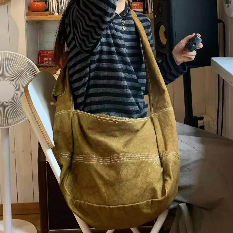 

European And American Retro Car Stitching Canvas Bag, Simple Commuting And Leisure, Large Capacity Single Shoulder Crossbody Bag