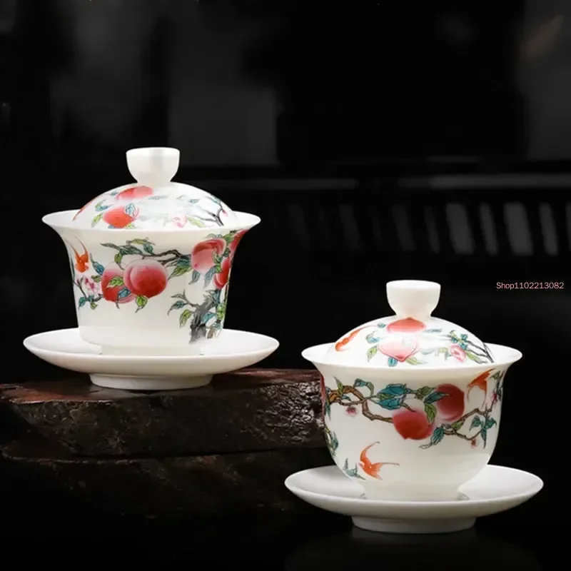 Jingdezhen-White Jade Ceramic Tea Cup, Peach Pattern Teacup, Bowl Shaped Tureen, Chinese Kung Fu Teaware Gift Drinkware