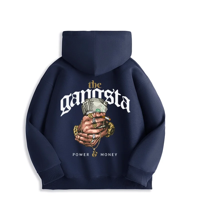 2025 Gangsta Graphic Hoodie Men's Streetwear Bold Design Power & Money Print Casual Loose Fit Hip Hop Style Fashion Pullover