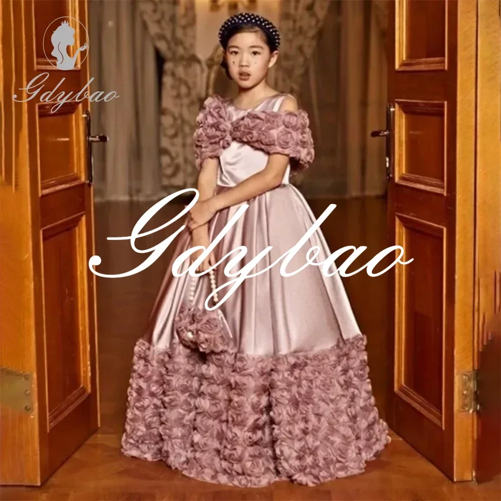 

O Neck Off The Shoulder Flowers Pleat A Line Wedding Flower Girl Dress Short Sleeve Floor Length First Communion Gown Customized
