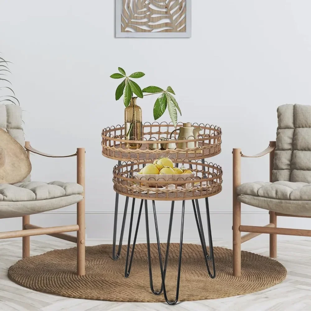 

Side Table Nesting Tables Set of 2, Wicker Coffee Table Living Room, Round Rattan Side Table, Bamboo Coffee Table for Balcony