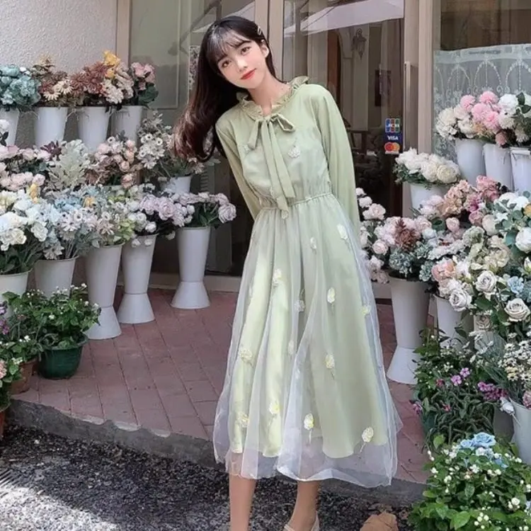 Vintage Preppy Style Green Floral Tulle Dress Women Spring Ruffled Collar Tie Bow Midi Dress Sweet Girls' Beach Fairy Dresses