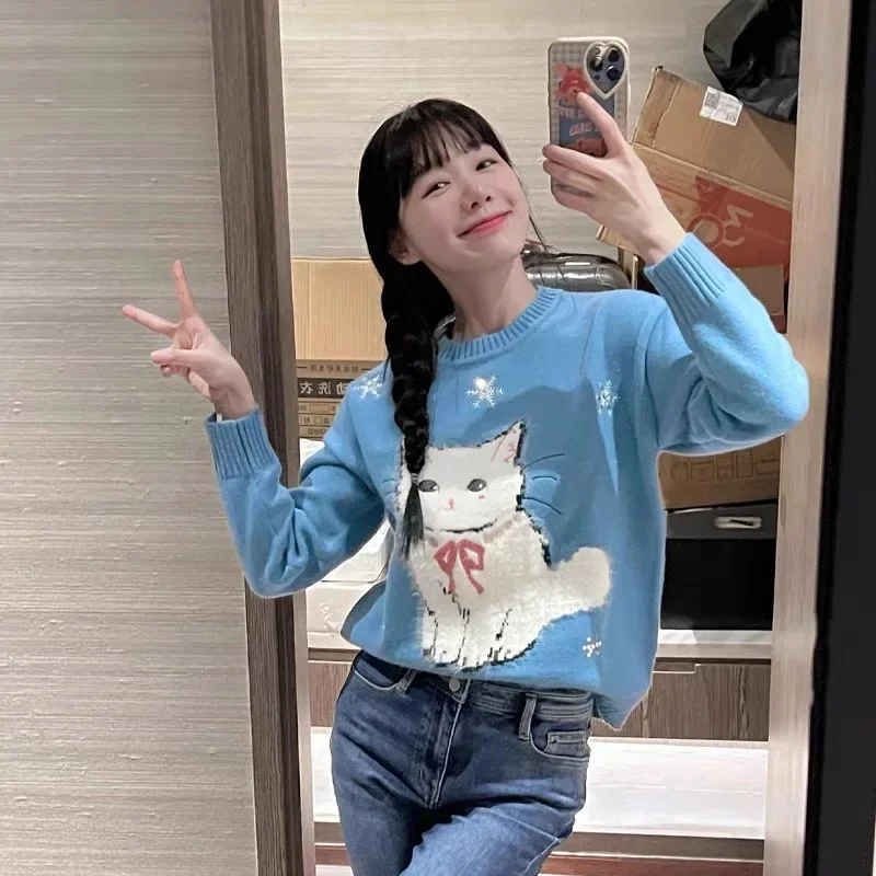 Blue Cat Embroidered Loose Sweater Pullover Women Autumn Winter Long Sleeve O-neck Tops Fashion Elegant Chic Ladies Jumpers Y2K