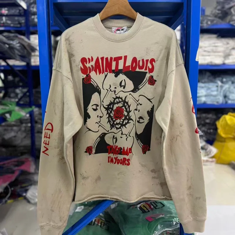 Mens Vintage Grunge Sweatshirt Oversized Saint Faded Double Sided Graphic Sleeve Text Top