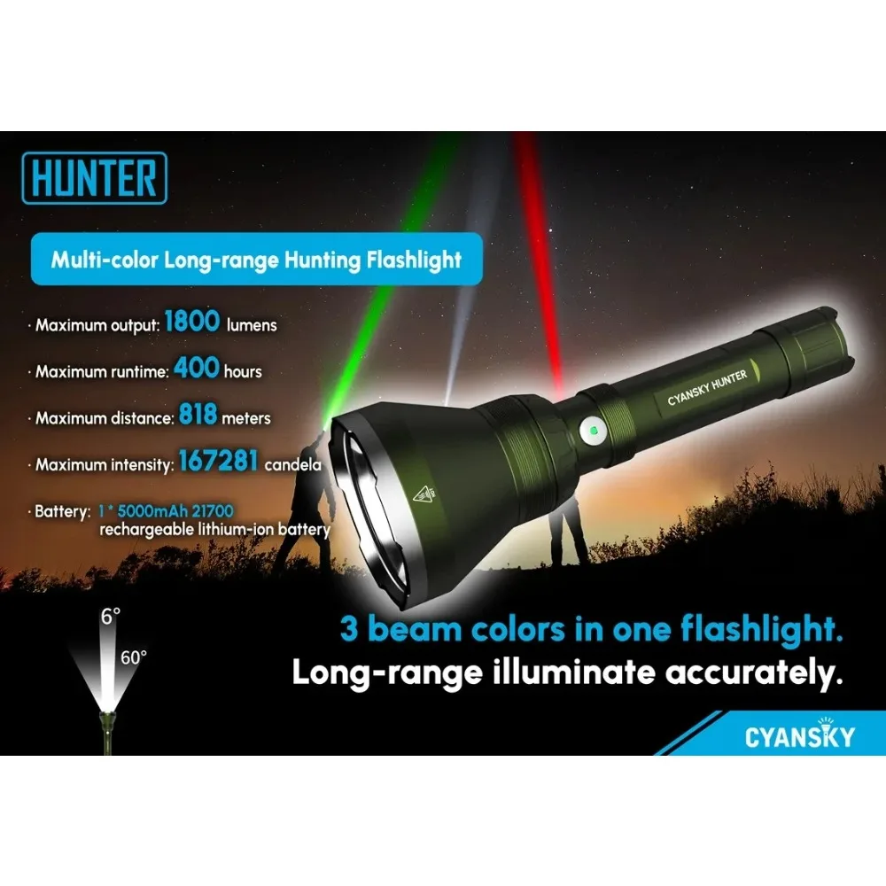 CYANSKY HUNTER Multi-color Long-range Hunting Flashlight Rechargeable Blood Light Tracking Green Red Hunting Light for Gun