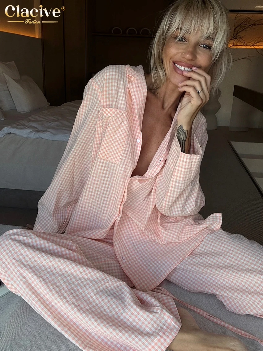 Clacive Fashion Loose Pink Plaid Women's Two Pieces Set 2026 Elegant Long Sleeve Blouse With High Waist Wide Pants Set Female