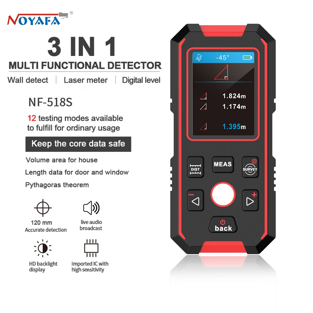 

Noyafa NF-518S With Laser Distance Meter Metal Detector Wall Scanner for Metal AC Cable Wood Bolt Finder