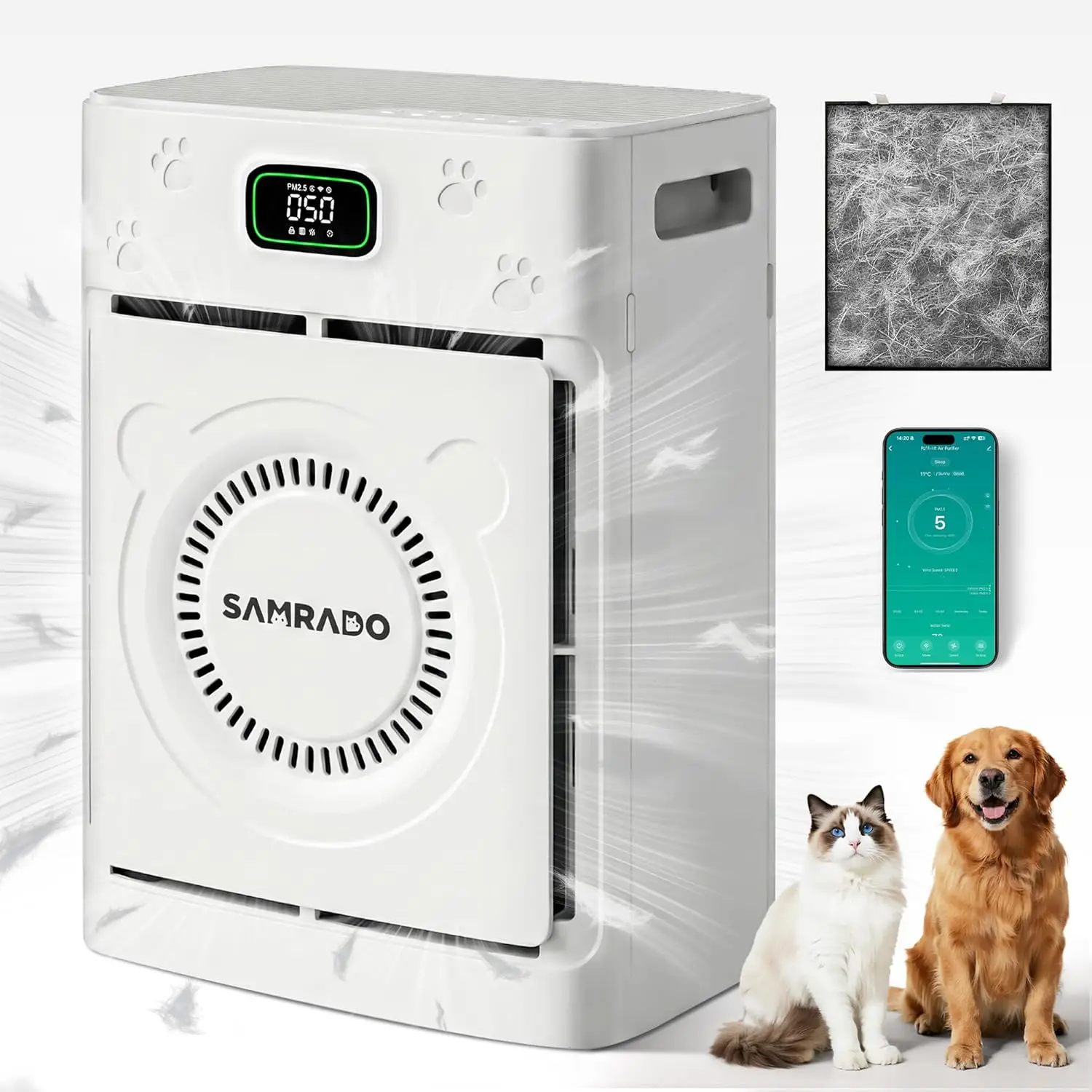

Smart Air Purifier for Pet Hair, H13 HEPA Filter, Covers 2500 Sq Ft, WiFi Control, White