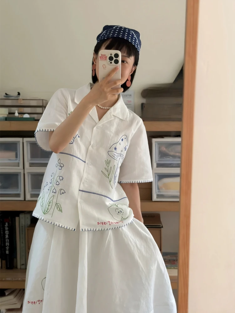 

Sweet Sle Embroidered Heavy Work Pure Cotton Loose ort Sve Women's irt New Summer f Skirt Set Japanese System