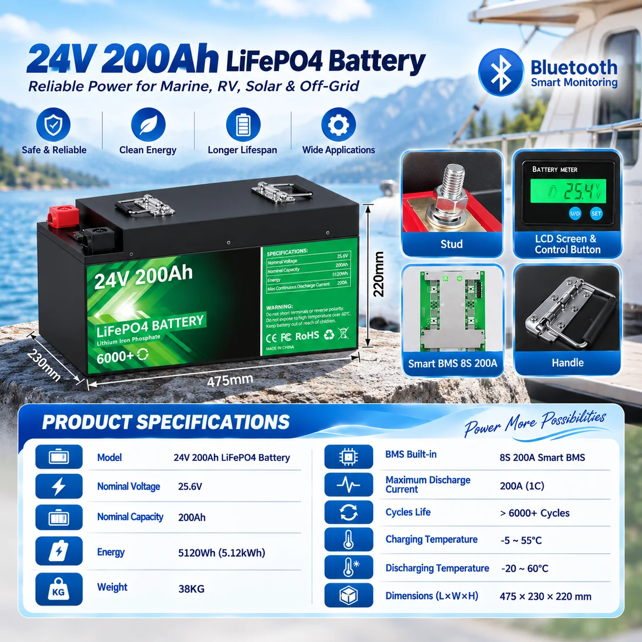 24V 200Ah LiFePO4 Battery 5.12kWh Bluetooth 8S 200A BMS 6000 Cycles 100Ah 300Ah 12V Lithium Battery for Marine RV Solar Off-Grid
