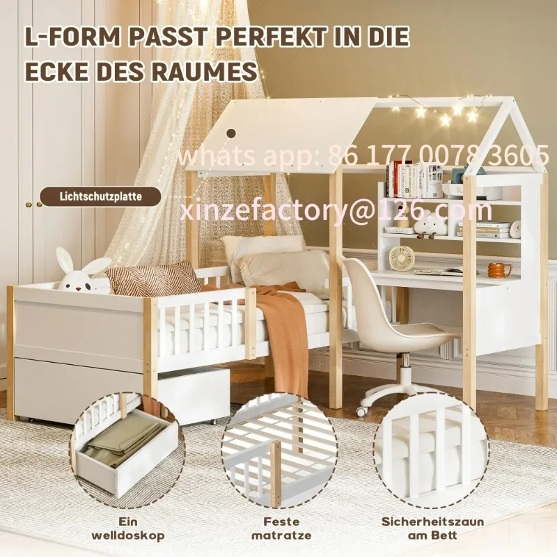 سرير أطفال قابل للتخصيص مقاس 90 × 200 سم مع قاعدة شرائح للسكك الحديدية الآمنة - مكتب على شكل حرف L، رف كتب، أدراج دوارة من الخشب الصلب متعدد الوظائف #5