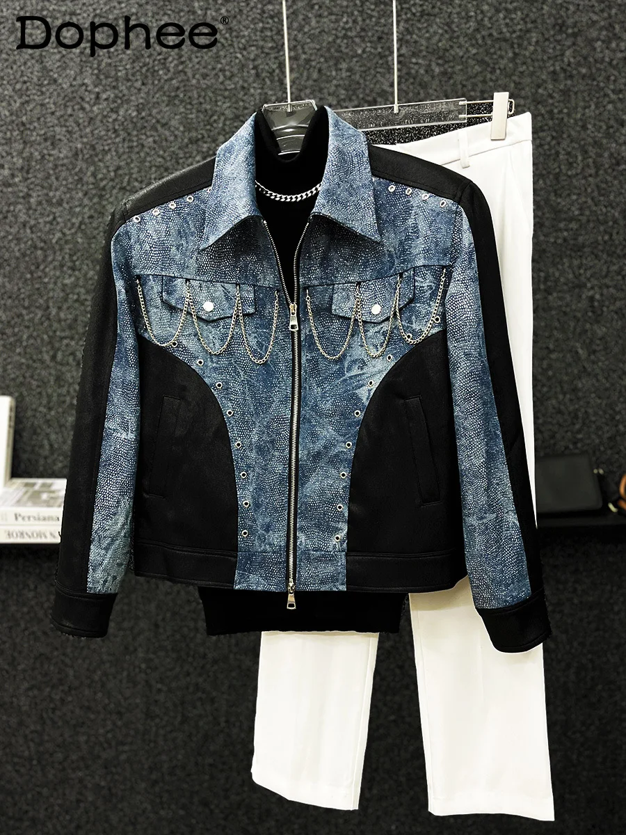 

2024 Men's Autumn Clothing Contrast Color Splicing Long Sleeve Denim Coat High-end Short Metal Chain Jacket Male High Street Top