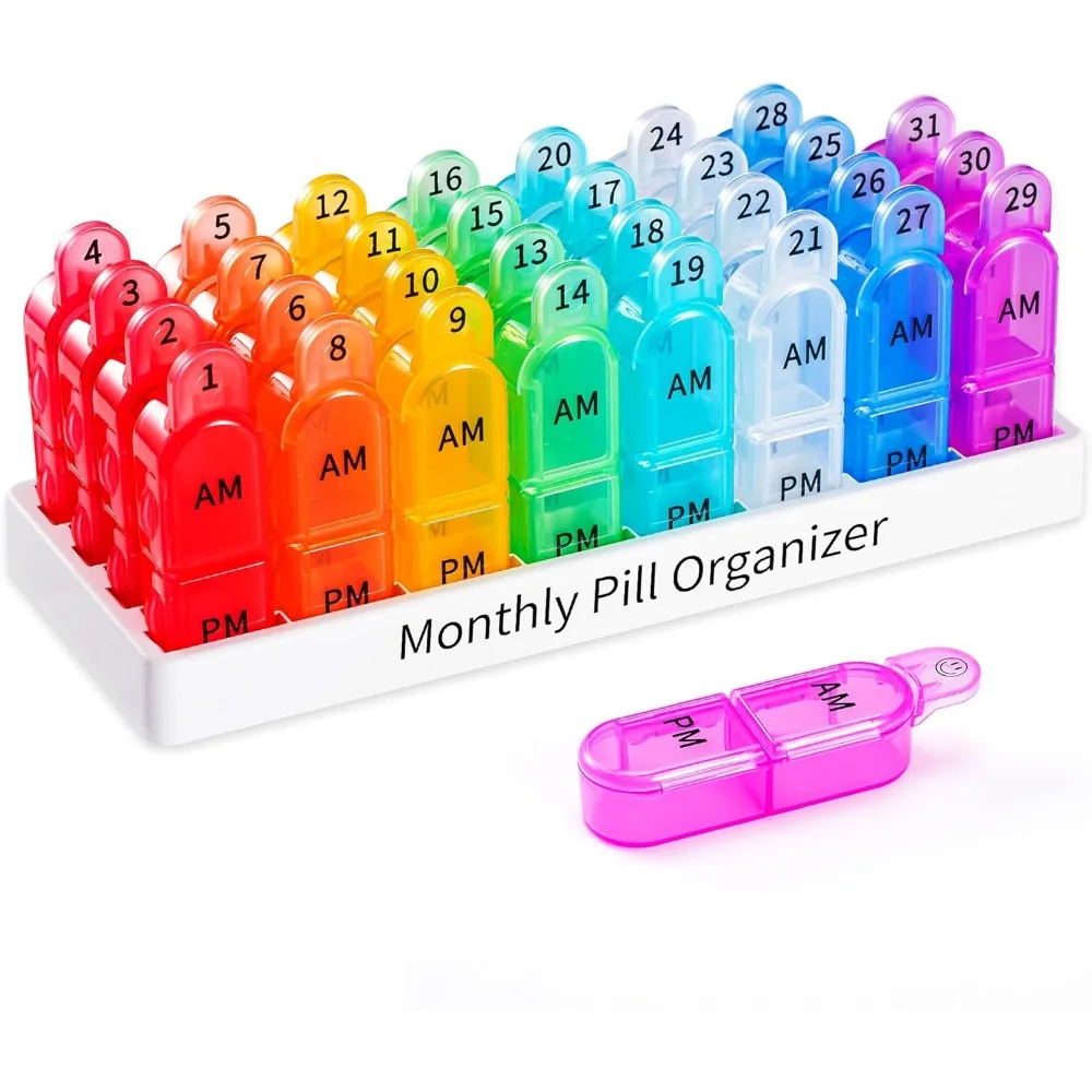 Monthly Pill Organizer 2 Times a Day 30 Day AM PM Medicine Box BPA Free for Vitamins Supplements Medication