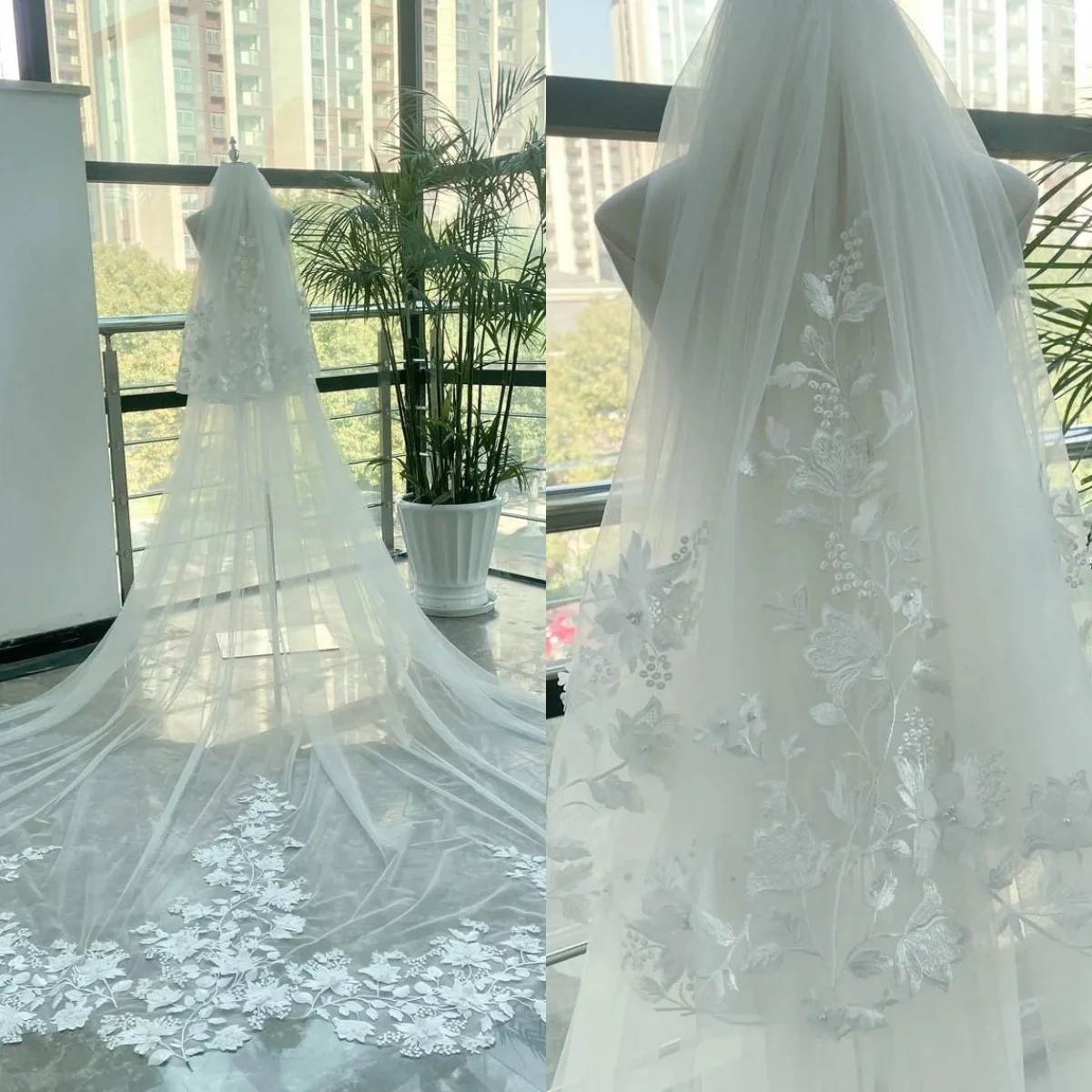 

Великолепная двухслойная свадебная фата с аппликациями по краям, длинная соборная длина с расческой, фата, свадебные аксессуары