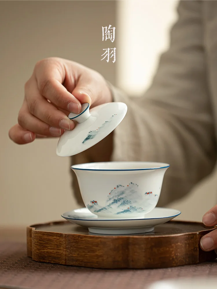 Hand-painted Shanshui Sancai Cover Single Bowl, Fair , Drip Combination Set, Non Hot Hand Soaking Tea