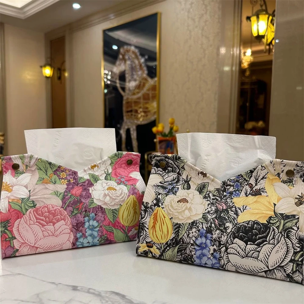 

Household PU Leather Tissue Box Vintage Oil Painting Paper Towel Cover Kitchen Desktop Light Luxury Napkin Holder Storage Case
