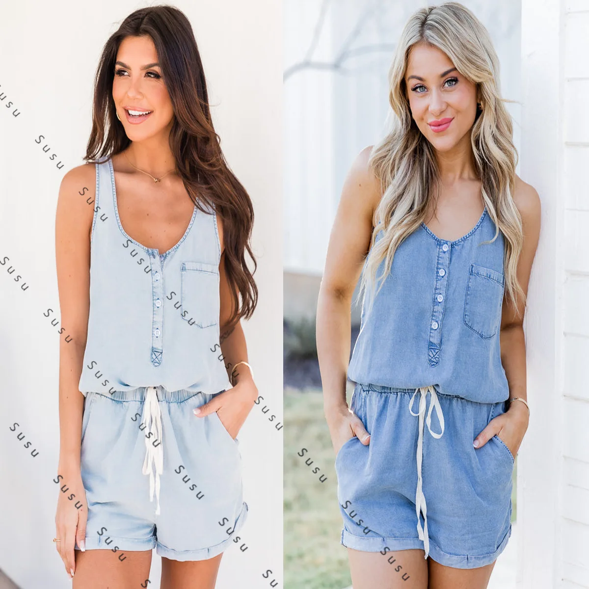 

2025 new summer women's clothing new hot sale loose sleeveless women's denim jumpsuit shorts 3272