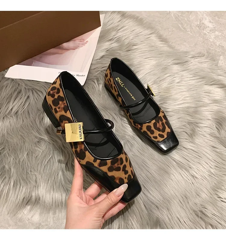 New 2024 Autumn Fashion Women\'s Flats Square Toe Leopard Print Casual Shoes Ladies Breathable Soft Mary Jane Shoes Plus Size 45