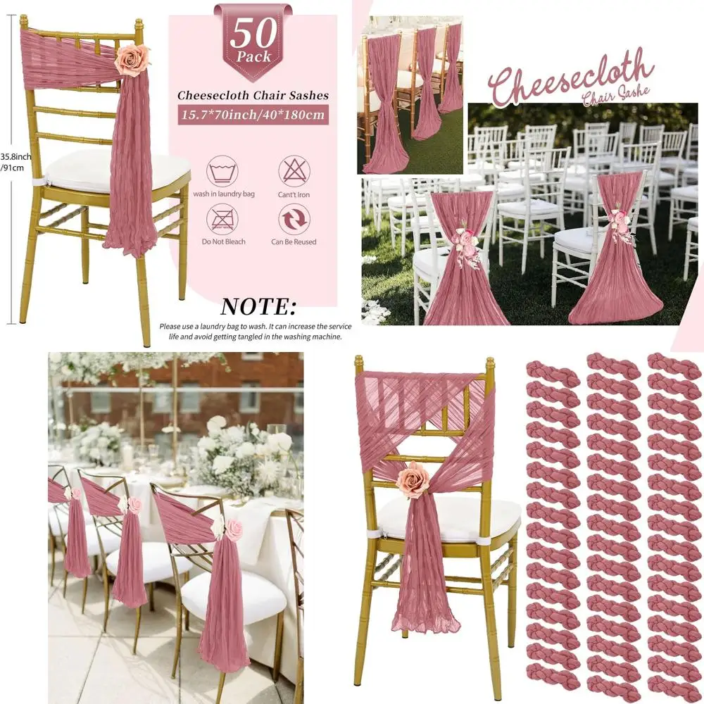 

50 упаковок поясов для стула Dusty Rose размером 15,7x70 дюймов с бантами для украшения свадьбы и вечеринки