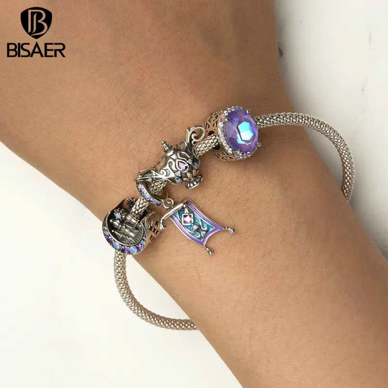 BISAER 925 Sterling Silver Purple Magic World Charm Bead Carpet Castle Pendant Fit Women DIY Bracelet & Necklace Fine Jewelry