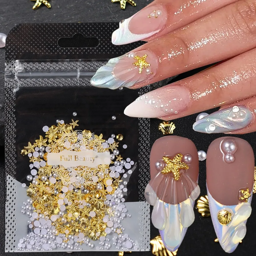 Ocean-Inspired Starfish Scallop Pearl Mini Nail Jewelry Designs for Y2K Metallic Manicure