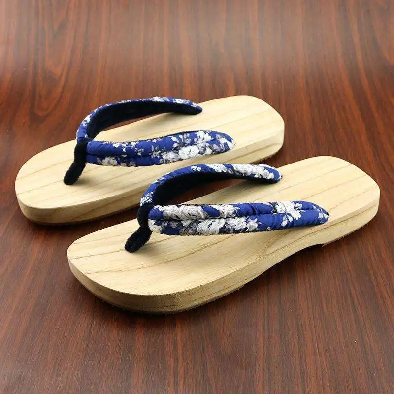 Unisex Japanese Style Wooden Geta Sandals Floral Thong Flip Flops Non Slip Cosplay Wooden Slippers For Summer