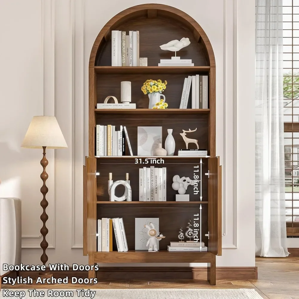 with Doors, 71 Inch Display Case Storage Cabinet, Large Library Arch Booksh,Mid Century Arched Bookcase, 5 Shelf Tall Book Shelf