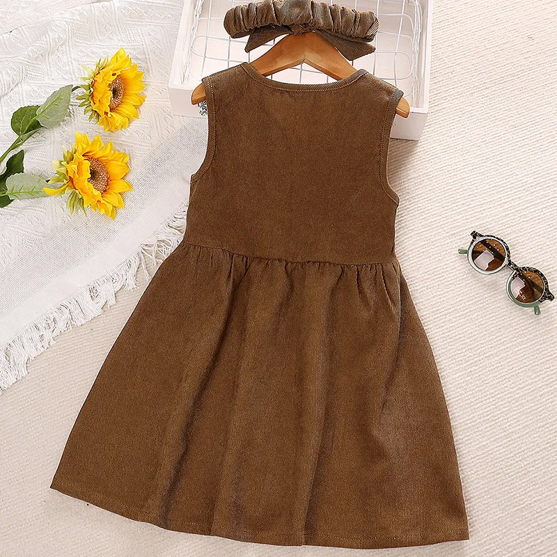 Dress Kids Girls 4-7 Years Brown Sleeveless Corduroy Dress + Corduroy Headband For Girls Stylish Girls Korean Style Dress