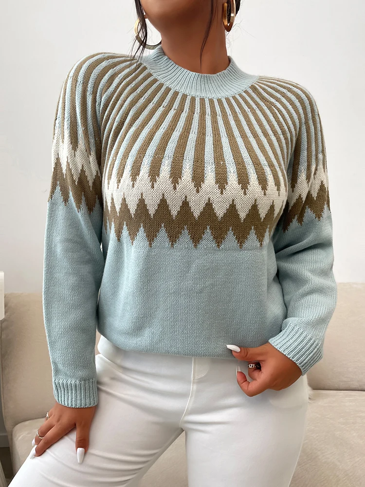 ONELINK Plus Size Women\'s Sweater Brown Blue Geometric Print Crew Neck Knitting Pullover Long Sleeve Flat Stitch Oversize Top