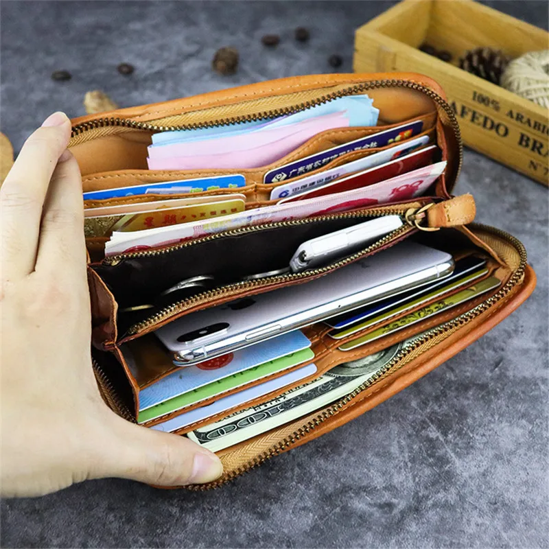 Vintage first layer cowhide men\'s women\'s wallet simple handmade soft genuine leather ladies long phone zippers card holder bags