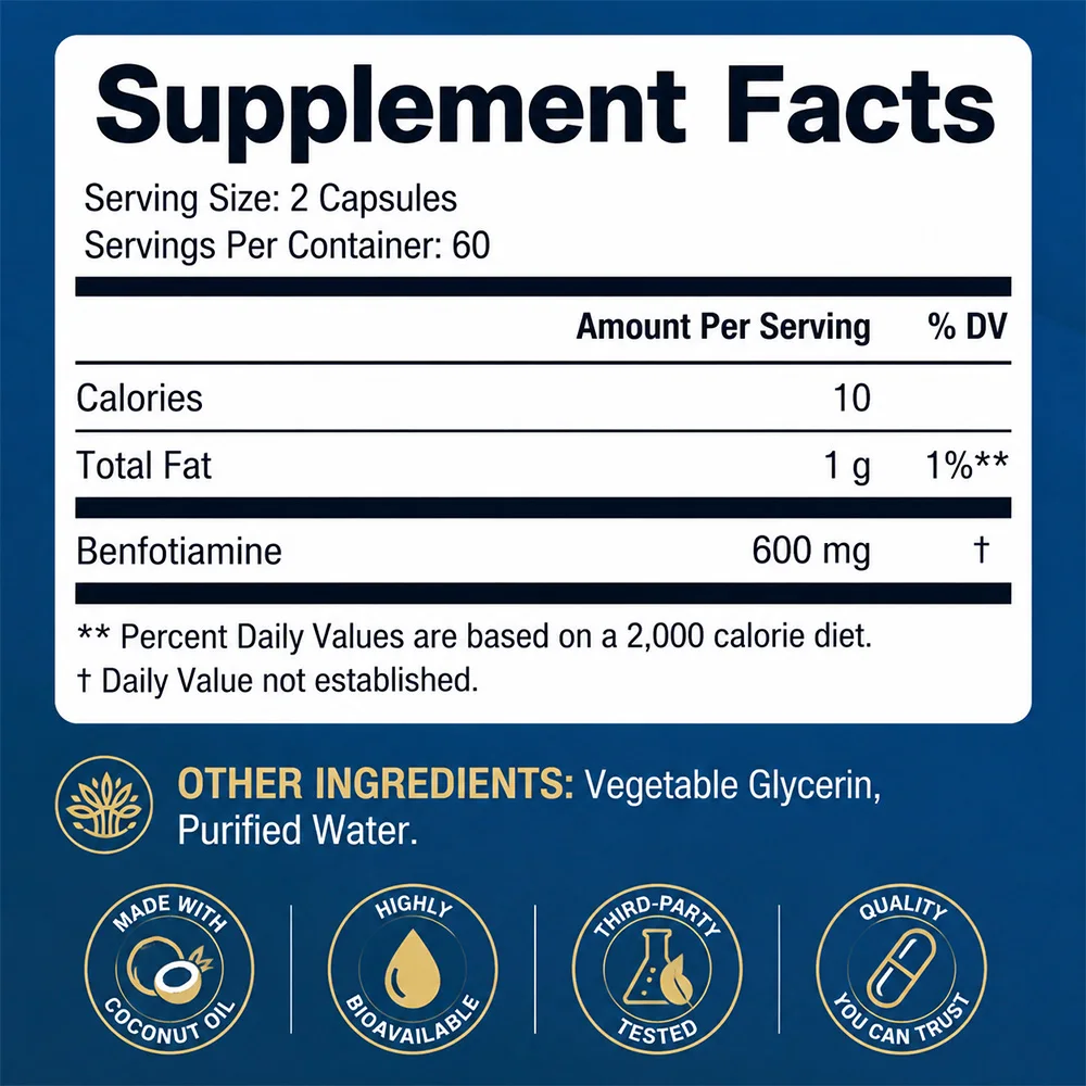 Benfotiamine 600mg per Serving, 120 count, Fat-Soluble Vitamin B1 for Men & Women, Non-GMO, cGMP Manufactured