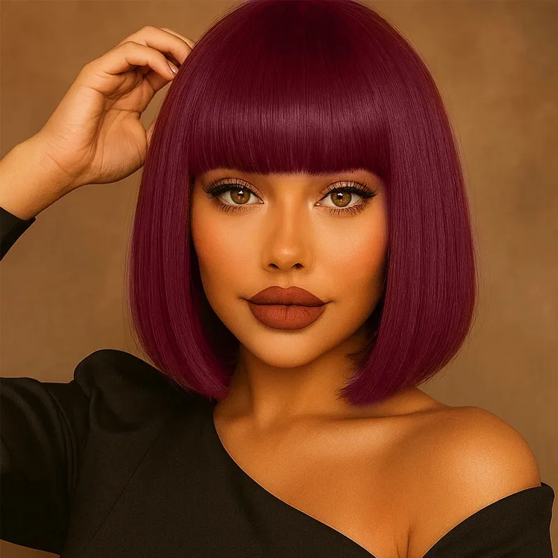 

Мягкий 12-дюймовый бордовый синтетический парик с челкой, подходящий для повседневного использования женщин на Хэллоуин и Рождество.