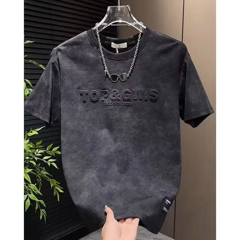 New Summer Men's Short Sleeved T-shirt Ins Trendy Brand Casual Letter Design Steel Stamped Half sleeved Smudge Top