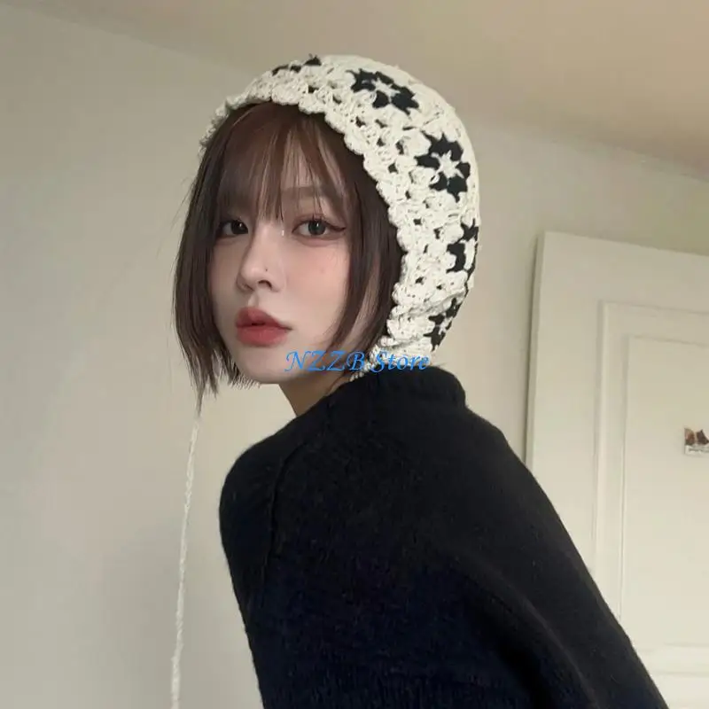 

T21F Hand Crocheted Skull Cap Showcasing Lace Floral Patterns And Tassels Breathable Knitted Design Fall Fashion Accessory