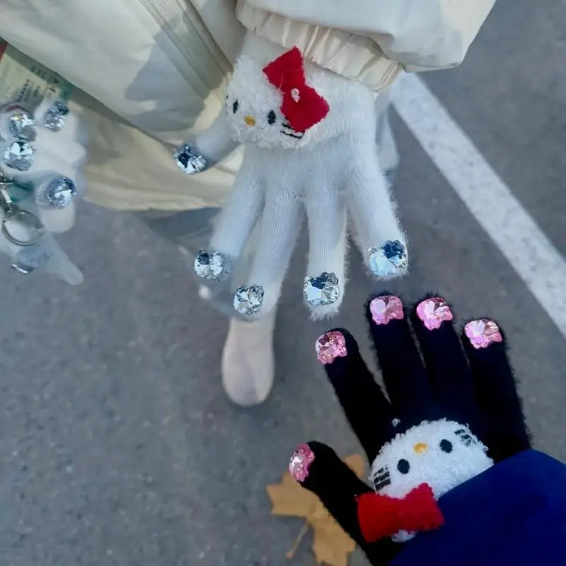 1 쌍 헬로 키티 만화 두꺼운 따뜻한 장갑 귀여운 산리오 플러시 장갑 라인스톤 장식 크리스마스 생일 선물 학생용