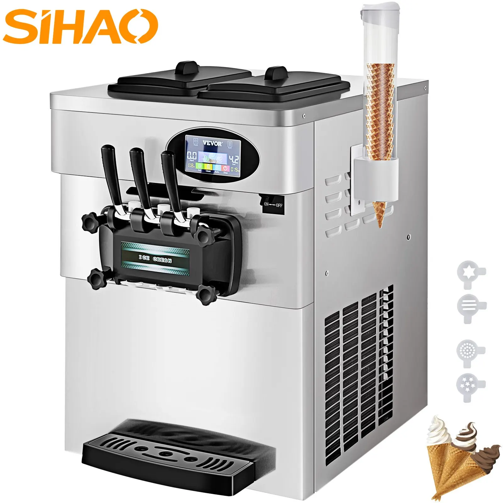 Sihao Kommerzielle Softeismaschine, 18–28 l/h, 3-farbiger Desktop-Sorbet-Maker mit Kegel-Gefrierschrank, automatische Verkaufsausrüstung